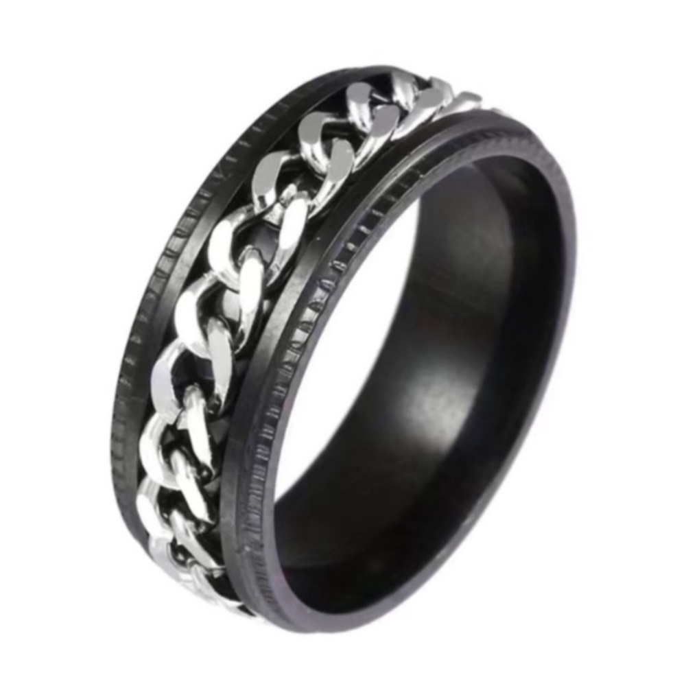 Black Stainless Steel Cuban Chain Spinner Ring - Silver Link Chain Band